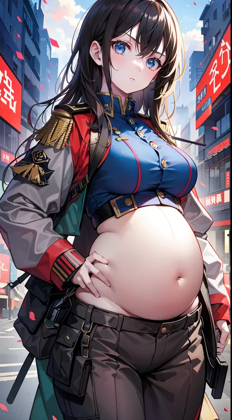 Young girls，Soldier uniform，无袖，Open Abdomen，trouser，guns，Serious look，tmasterpiece，high high quality，4k，Highest image quality，pregnant belly，Pregnant belly