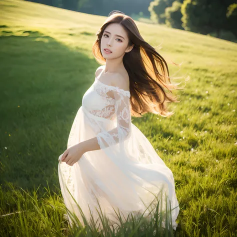 solo, finest image, sexy beautiful woman, amorous expression, lewd expression, light brown glossy iridescent hair, great proportion, pure white lace long dress, background meadow on the hill, professional lighting