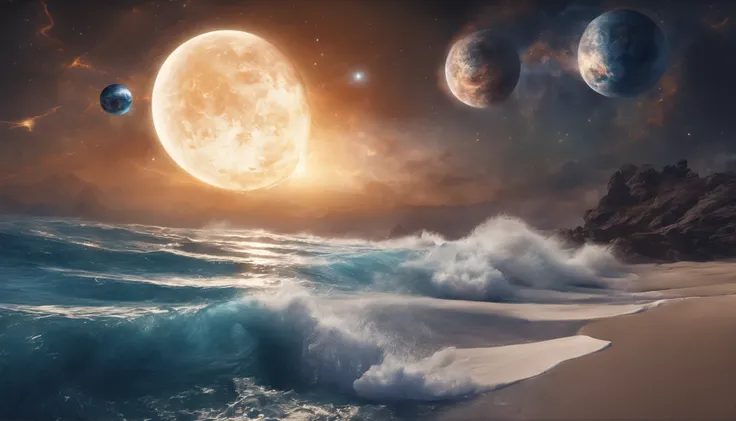 huge planet, the night, starrysky, surrealism, masutepiece, hight resolution、Impressive Milky Way:1.9、sand beach、Vast blue ocean、Blue Waves、Blue glacier、lightning bolt:1.9、Protoplanets、pure beauty