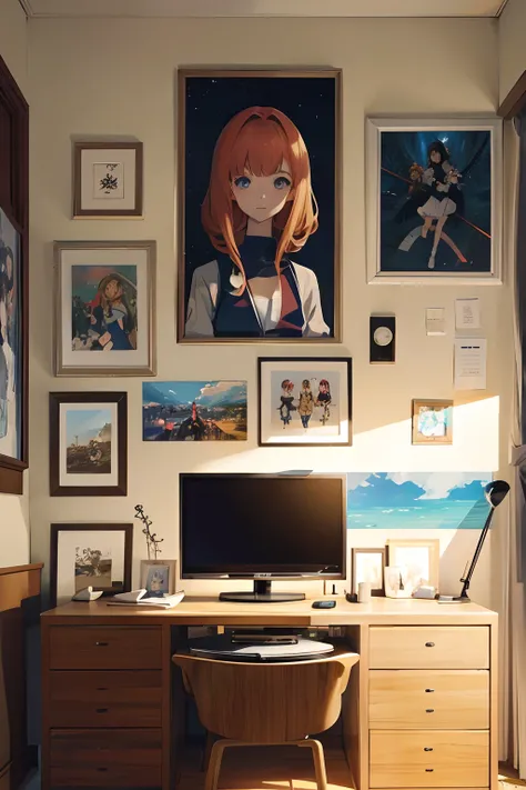 Cuarto con posters de anime y figuras de anime, with a television