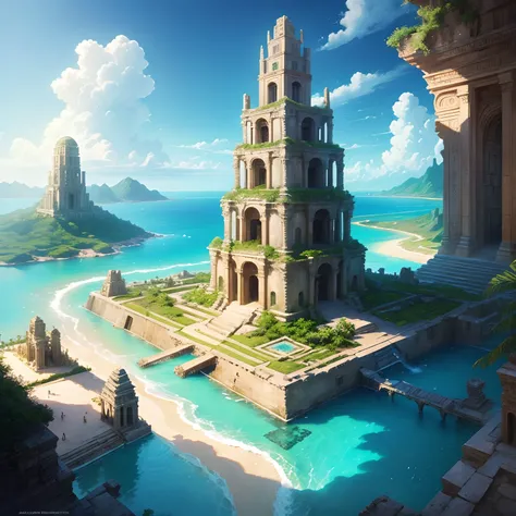 A beautiful hyperrealistic painting of the lost city of Atlantis, with its towering temples and crystal-clear waters. --auto