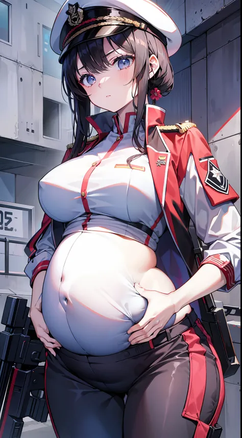 Young girls，Soldier uniform，无袖，Open abdomen，trouser，guns，Serious look，tmasterpiece，high high quality，4K，Highest image quality，Pregnant belly，Pregnant belly