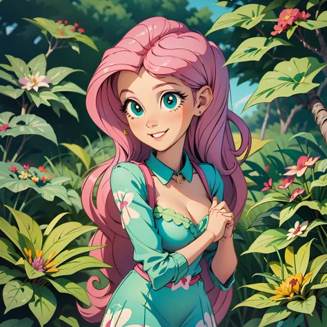 fluttershy from equestria girls wearing a sexy dress posing with an adorable and tender smile, green eyes, in a forest, lots of colorful flowers,