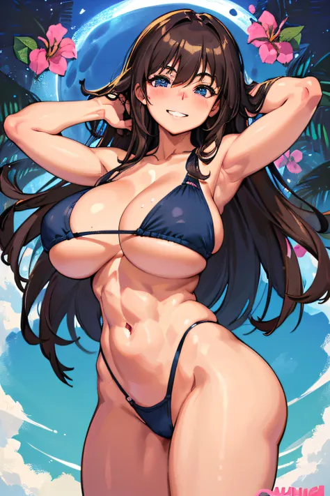 (Best quality:1.3), 1 woman, mature, long brown casual hair, dark blue eyes, smooth abs, very curvy, white and dark blue bikini, smiling (teeth showing), blush, double eyelids, giant boobs, massive breasts, spilling out breasts, cleavage, very thick waist,...