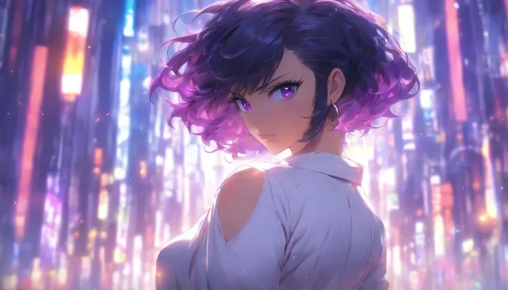 izumi_nase, short hair, black hair, purple eyes, jewelry, neckalce, blurry, ass, 1girl, depth_of_field, solo, blurry_background, looking_at_viewer, looking_back, blurry_foreground, pants, breasts, earrings, jacket, shirt, belt, from_behind, white_shirt, ho...