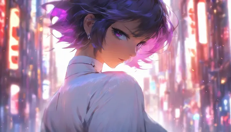 izumi_nase, short hair, black hair, purple eyes, jewelry, neckalce, blurry, ass, 1girl, depth_of_field, solo, blurry_background, looking_at_viewer, looking_back, blurry_foreground, pants, breasts, earrings, jacket, shirt, belt, from_behind, white_shirt, ho...