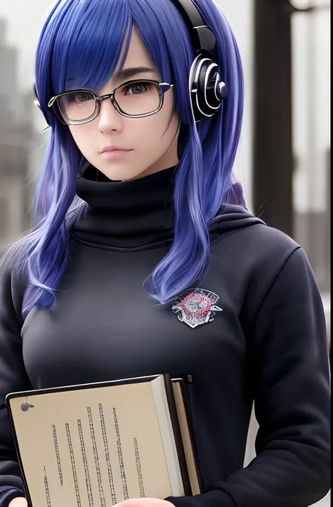 (best quality,4k,8k,highres,masterpiece:1.2),ultra-detailed,(realistic,photorealistic,photo-realistic:1.37),portrait,punk style,mysterious,hoodie,turtle neck,top,headphones,holding a book,anime style,long hair,full body