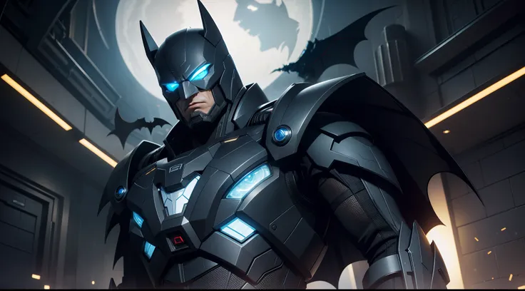 Batman transformed into a Cybertronian, a robotic alien race from the planet Cybertron. He has a metallic body that can change into a bat-shaped vehicle. His body is black and gray, with yellow accents and a bat logo on his chest. He has a mask that covers...