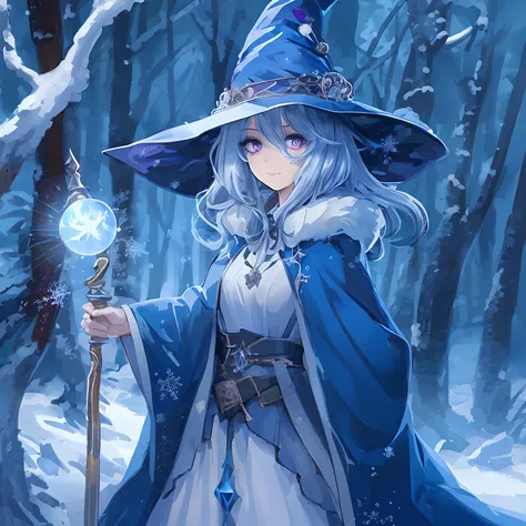 1girl, humanoid witch, blue and white robe, blue and white hat, silver ornaments, magical staff, purple colored right eye, blue colored left eye, snowy forest, anime fantasy style