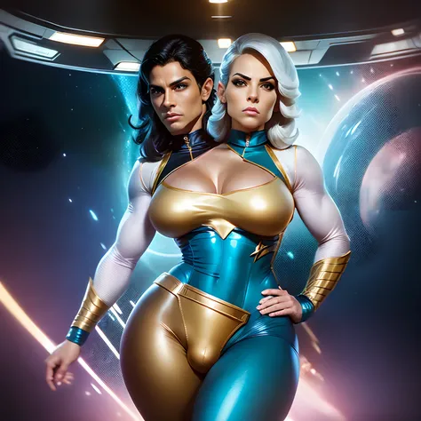 2heads,1man,( big bulge:1.5), feminine face, no body hair, no facial hair,,37 years old,sexy  Argentinian star trek character in star trek uniform, wide hips, small waist,,bimbo, tight short lycra,perky breasts, cleavage, inside star trek space ship backgr...