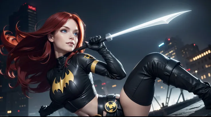 girl with long red hair and blue eyes, wearing a black and yellow bikini with a bat symbol on the chest. She has a utility belt around her waist and a pair of black gloves and boots. She is posing confidently with a smile and a batarang in her hand. She is...