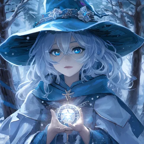 1girl, humanoid witch, blue and white robe, blue and white hat, silver ornaments, magical staff, purple colored right eye, blue colored left eye, snowy forest, anime fantasy style