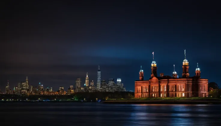 ellis island at midnight, skyline in background