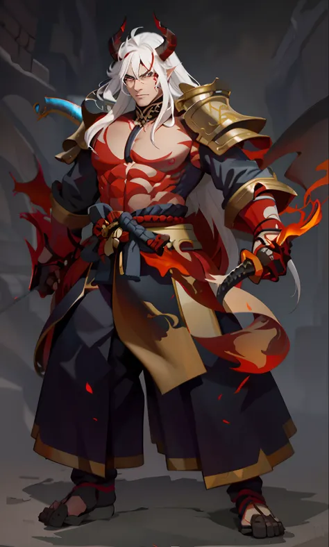 Image of Arafard with a demon with a sword and fire, fit male demon with white horns, by Yang J, djinn man male demon, Amazing 8K character concept art, Demon Samurai, demon samurai warrior, Epic fantasy digital art style, lord of cinder, demon noble chara...