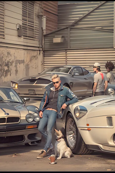 Homen dentro da garagem sentado em uma cadeira, in front of two sports cars with a cup of coffee in hand