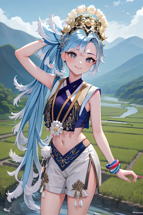 masterpiece, best quality, absurdres, perfect anatomy, 1girl, solo, Kobo3rd, side ponytail, bracelet, hair ornament, blue shirt, sleeveless, midriff, white shorts, standing, river, beautiful mountain background, ricefield, smile, outdoors,wear Indonesian t...