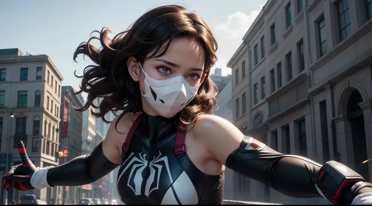 girl with curly brown hair and hazel eyes, wearing a white and black bikini with a spider logo on the chest. She has a pair of web shooters on her wrists and a mask that covers her eyes. She is jumping from a building with a determined look and a web in he...