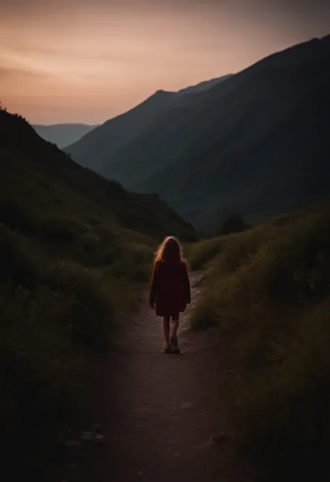 A 12-year-old girl walks alone on a path in the dark mountains at twilight.