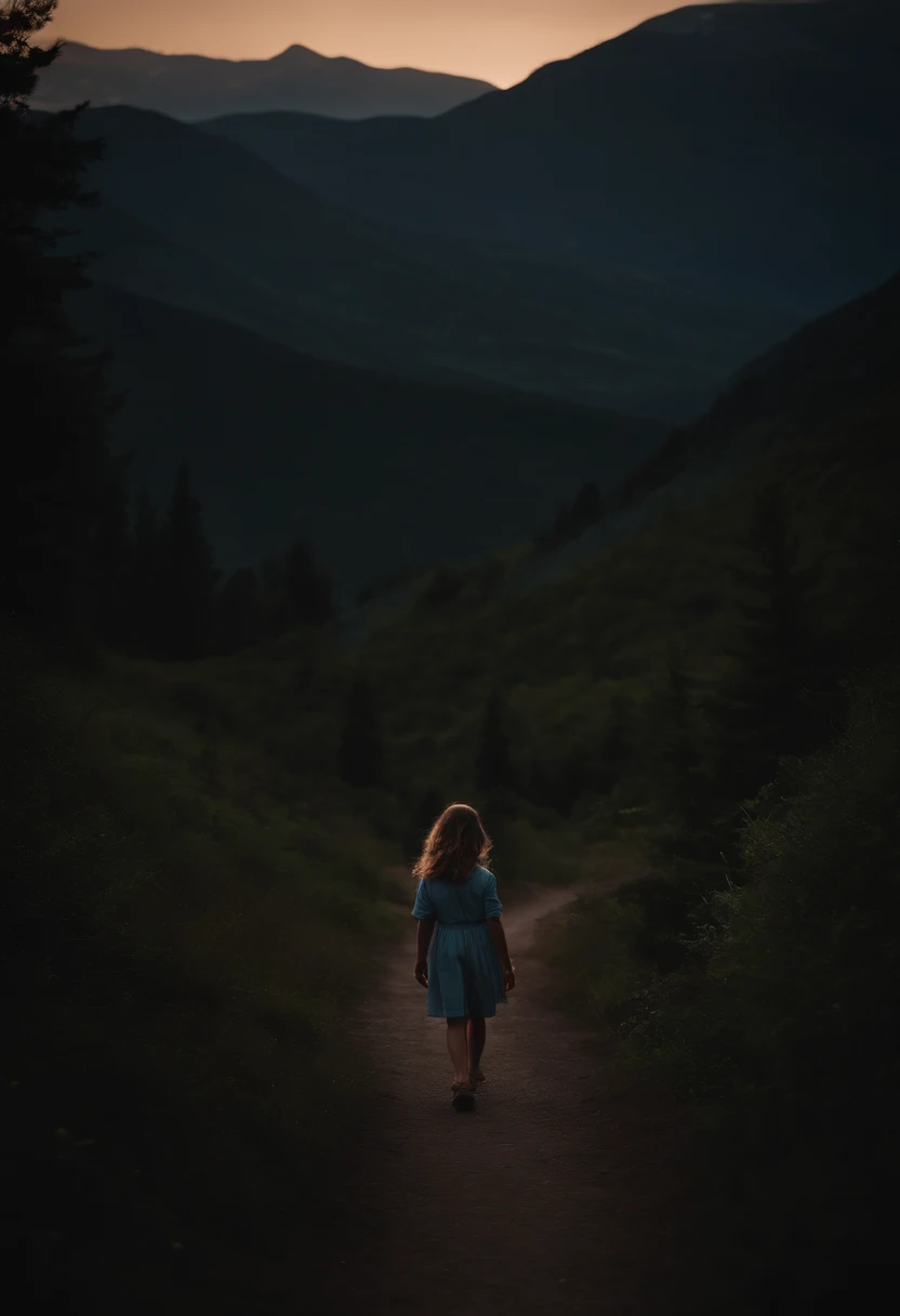 A 12-year-old girl walks alone on a path in the dark mountains at twilight.