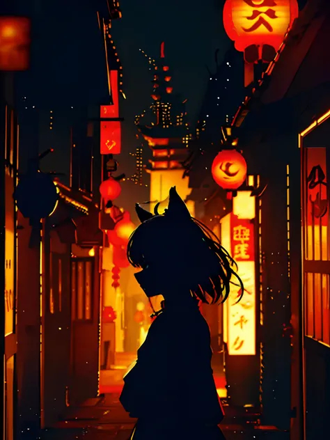 silhouette, light particles Silhouette of the beast, The silhouette of a wolf is reflected, close background, China Street, Chinatown, natta, nigh sky, betterHands