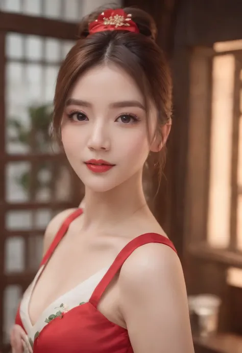 (Best quality,4K,high resolution), The cute illustrations are delicately expressed in realistic details，The girl works energetically，sharp eye，cheerful grin，brunette color hair，Red hair combed into a high bun，Chinese hair，Lively and interesting appearance，...