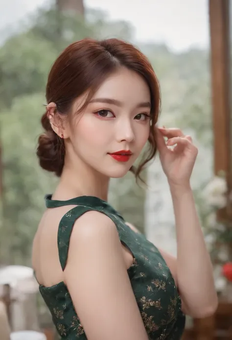 (Best quality,4K,high resolution), The cute illustrations are delicately expressed in realistic details，The girl works energetically，sharp eye，cheerful grin，brunette color hair，Red hair combed into a high bun，Chinese hair，Lively and interesting appearance，...