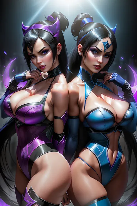 ((Kitana and mileena from mortal kombat series))(big glowing eyes)(red lips) (long straight black hair)((very huge breasts)) (perfect slim body) (kitana wears blue outfit, mileena wears purple outfit, long gloves, long stocking), (face mask)(inside dark te...