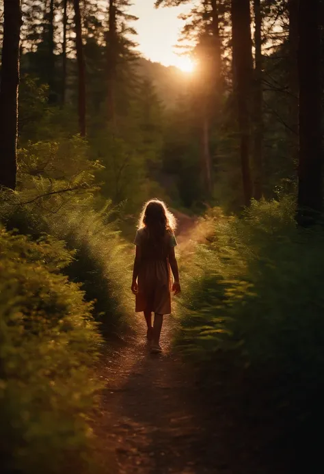 12 year old girl walking alone on a path in a dense forest through a mountainside at sunset、shot from front、