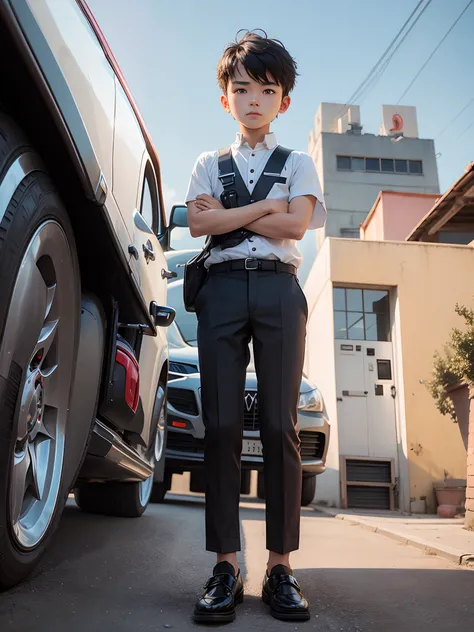 A cute  boy standing infrontof expensive car with gog.change  custome all