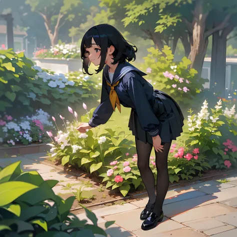 (Best Quality, hight resolution, Ultra-detailed, Realistic:1.37), peaceful ambiance, (plein air, garden), Teenage girl standing alone, Beautiful detailed features, Cute smile, ((Black bob hair)),Navy blue sailor suit, Pleated skirt,Black pantyhose,Leather ...