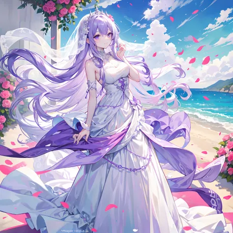 A long pale white-purple hair，Girl with turquoise and purple eyes，in wedding dresses，Walk the red carpet of a seaside wedding，Flowers in hand，A bright smile，Veil，Hair is scattered