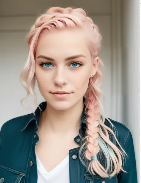 Girl with blonde and pink hair ombre, blue eyes, twin braids, white, freckles, sweet looking, teen