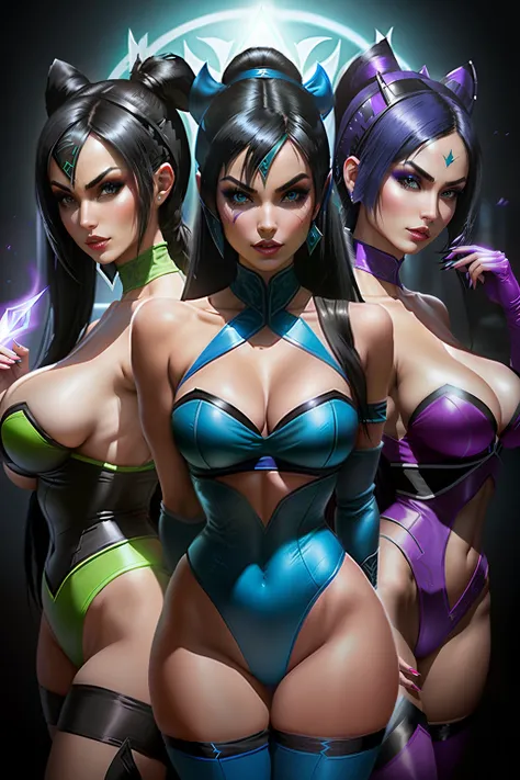 ((Kitana, mileena and jade from mortal kombat series))(big glowing eyes)(red lips) (long straight black hair)((very huge breasts)) (perfect slim body) (kitana wears blue outfit, mileena wears purple outfit, jade wears green outfit, long gloves, long stocki...