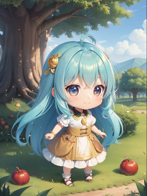 Chibichara　Picking chestnuts in a chestnut grove　long hair with blue hair((Chibi Chara))、A charming smile、Fluffy、girl with、Chibi Chara、Friends of the Forest、full body Esbian、Pastel colors hair、masutepiece、top-quality、