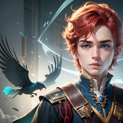 red haired boy with blue eyes, freckles, Ravenclaw uniform, black tunic with blue details, black background, high quality, character design, fantasy, twist up framing --auto --s2