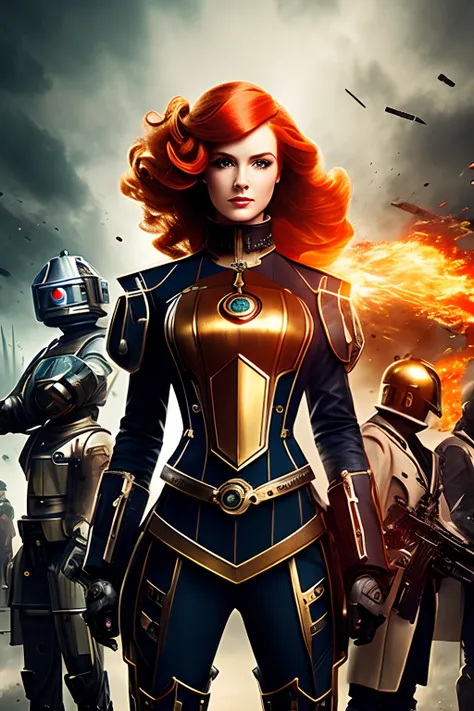 there is a woman standing in front of a group of robots, steampunk male portrait, compositing, beautiful android woman, stormy and grand war scene, inspired by Richard Avedon, a black dieselpunk policewoman, redhead woman, girl in suit, intricate fashion c...