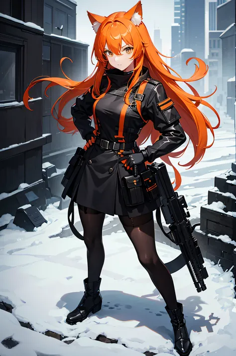 4K,hight resolution,One Woman,orange color hair,cat ear,Black Military Dress,Orange skirt,Black pantyhose,Black boots,Black leather gloves,Pistol in the right hand