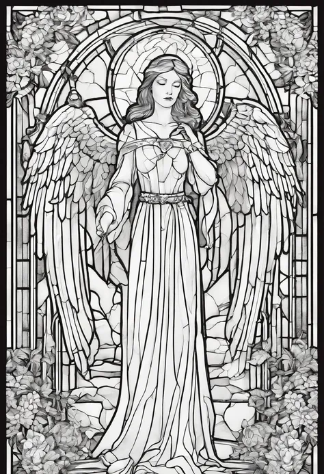 Blindfolded female angel of death, in the style of a coloring page, clean line art, clear line art, thick outline, white background, black and white, no color, coloring book page, coloring page, line art, in the style of horror