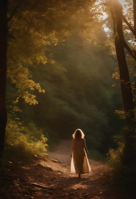 A girl walking alone on a path through the dense forest on the side of a mountain during dusk, wearing rough linen clothes and walking barefoot. The pathway is scattered with twigs and fallen leaves. Please generate the photo from the front view as she wal...