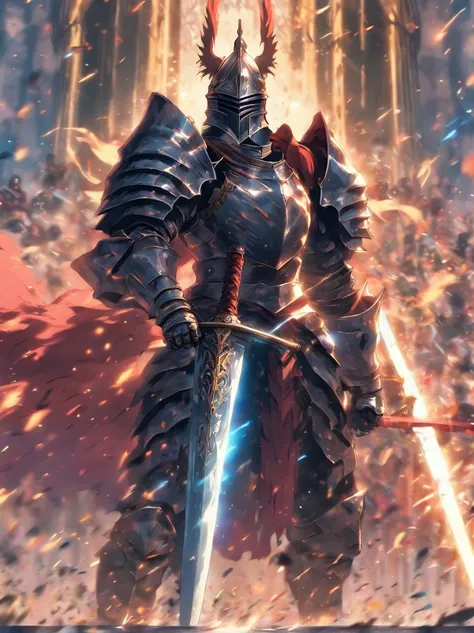 illustration knight holding giant sword, atacando com espada colossal