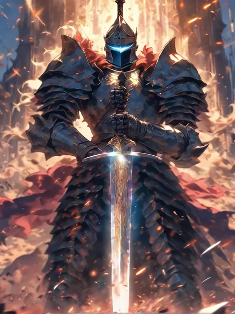 illustration knight holding giant sword, atacando com espada colossal