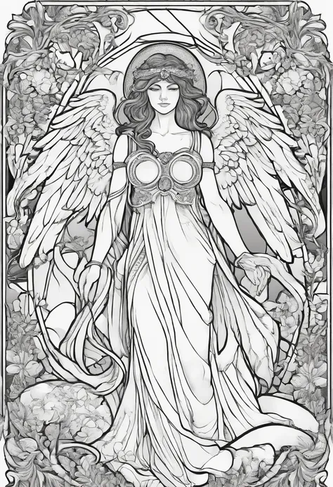 Blindfolded female angel of death, in the style of a coloring page, clean line art, clear line art, thick outline, white background, black and white, no color, coloring book page, coloring page, line art, in the style of horror