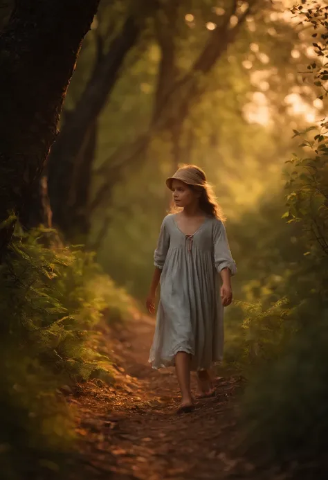 12 year old girl walking alone in dense forest on mountainside at sunset, Walking barefoot in coarse linen clothes. The path is dotted with twigs and fallen leaves. Please generate a photo from the front view as she walks towards me. (Best Quality,4K,8K,hi...