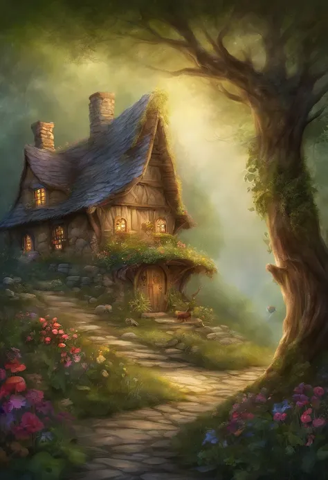 Primer plano de la casa con puertas y ventanas de cuento de hadas, Flowery cabin, fantasy house, Cottagecore，Casa preciosa, Lindo arte digital detallado, Hermoso arte digital, magical fairy background, detailed fantasy digital art, Arte digital muy bonito,...