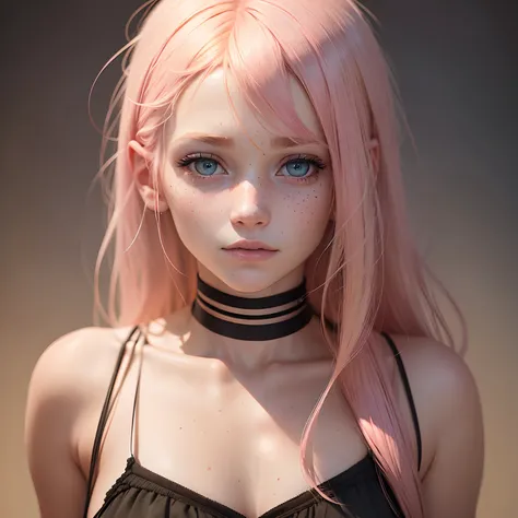 Girl with blonde and pink hair, she is 18, she has freckles, she has some scars on her face, realistic