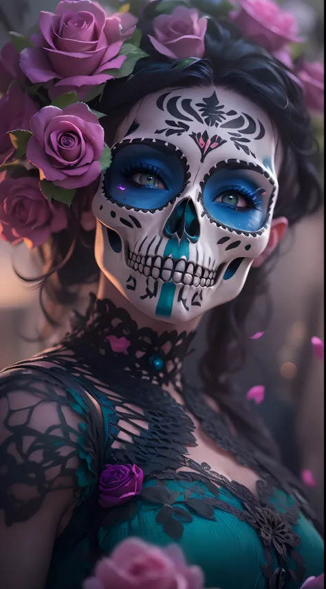 motor irreal:1.4,UHD,La mejor calidad:1.4, fotorrealista:1.4, textura de la piel:1.4, obra maestra:1.8,Beautiful Woman with Pink Day Sugar Skull Death Makeup, lindo,Day of the Dead Mexico,(Skull Cemetery Fund:1.4),( detailed:1.4),( cabello largo azul:1.4),...