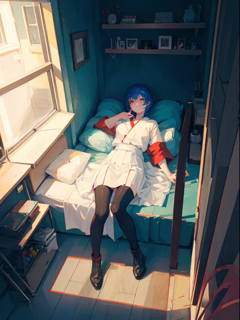 1girl, short blue hair, red eyes, wearing white japanese uniform, red chess texture skirt, leather high heel shoes boots, black stockings, shes getting out from her room desperately, shes on the right side of the screen, she is messed up, high view angle, ...