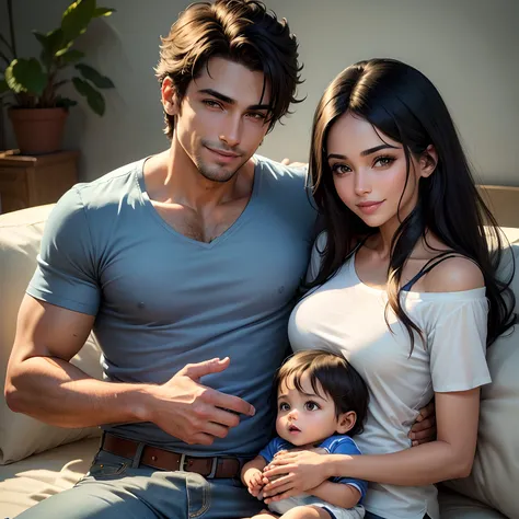 (Casal), (mulher pele morena), (cabelos castanhos escuros), (olhos castanhos), (sorrindo).Homem branco, pele branca, olho azul, sorrindo, camisa social branca, Dark jeans, Holding a baby in your lap.