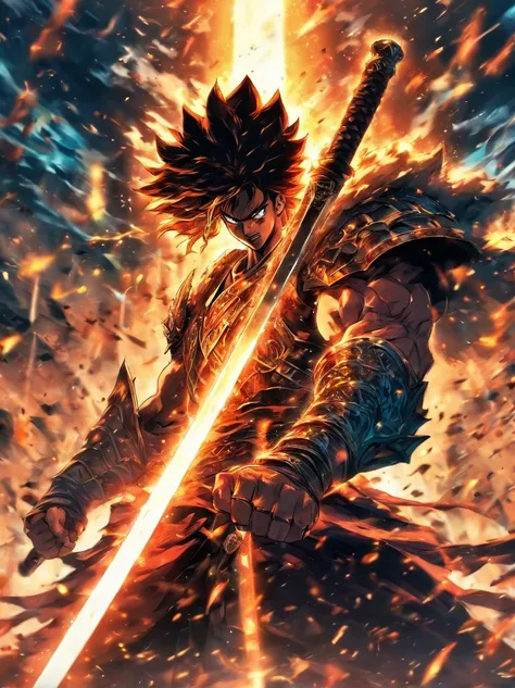 Illustration: legendary warrior holding giant sword, atacando com espada enorme