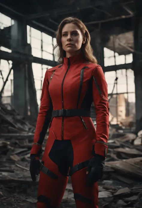 Best Quality,4K,8K,hight resolution,masutepiece:1.2,Ultra-detailed,Realistic,Photorealistic:1.37,Power Suit,Ruined Future City,dystopian,Red Power Suit:1.1,angry expressions,18year old,180 cm tall,Heavily armed,Beautiful Girl,Abandoned buildings,wreckage,I...